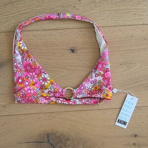 Frankie's Bikinis Pink & Yellow Floral Halter Bikini Top with Gold Ring